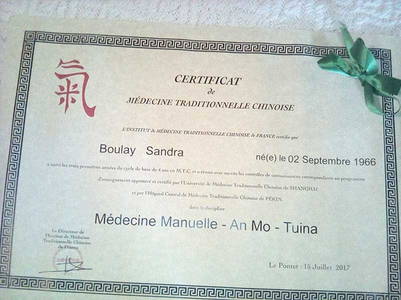 Diplôme de médecine manuelle - An Mo - Tuina